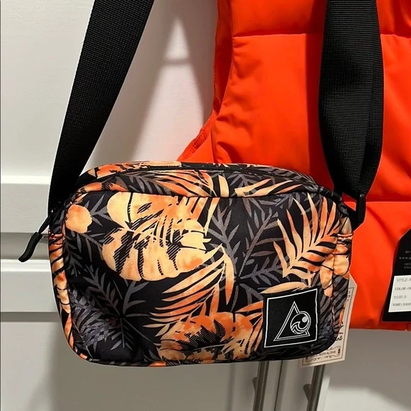 Bright Orange Puffer Vest with Tropical Print Bag - Picture 3 of 7